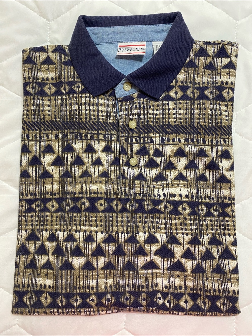 Bugle Boy Men’s Navy and Tan Patterned Short Sleeve Polo Shirt - Size L